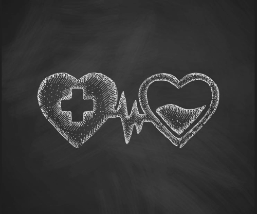 An illustration of two hearts next to each other, connected by a heart beat line, sketched in white ink on a dark background.